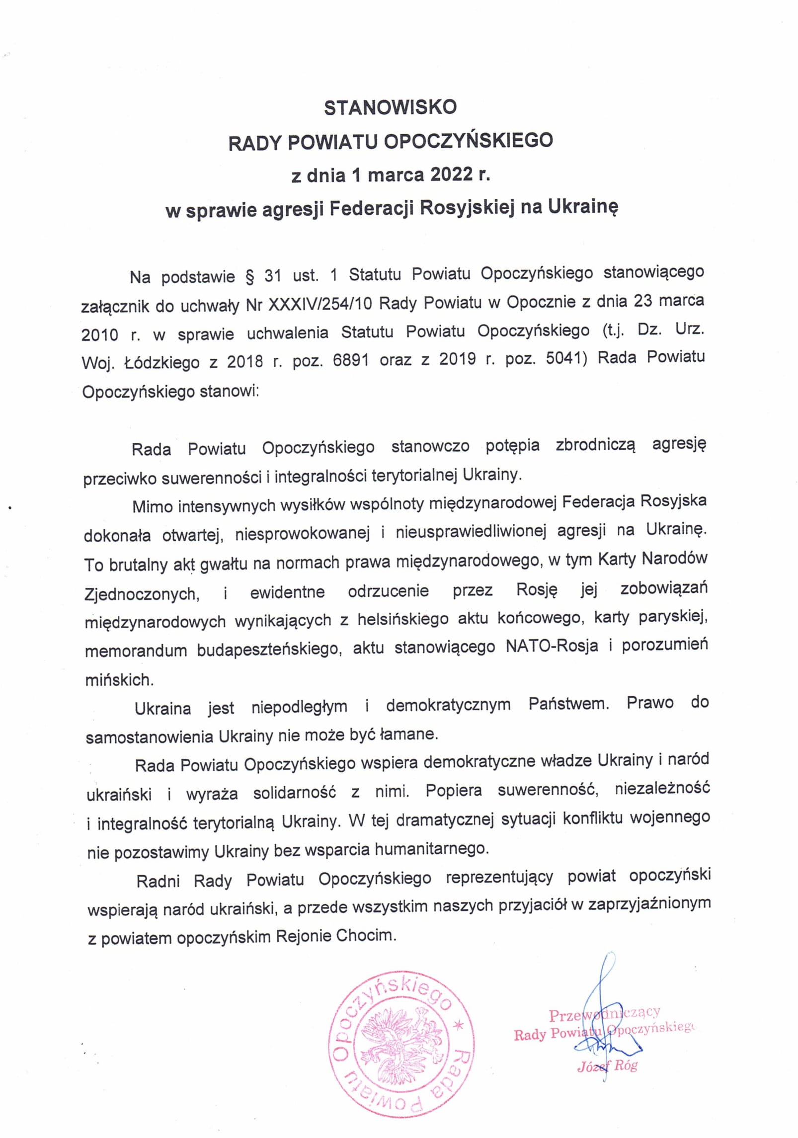 Stanowisko Rady Powiatu Opoczyńskiego